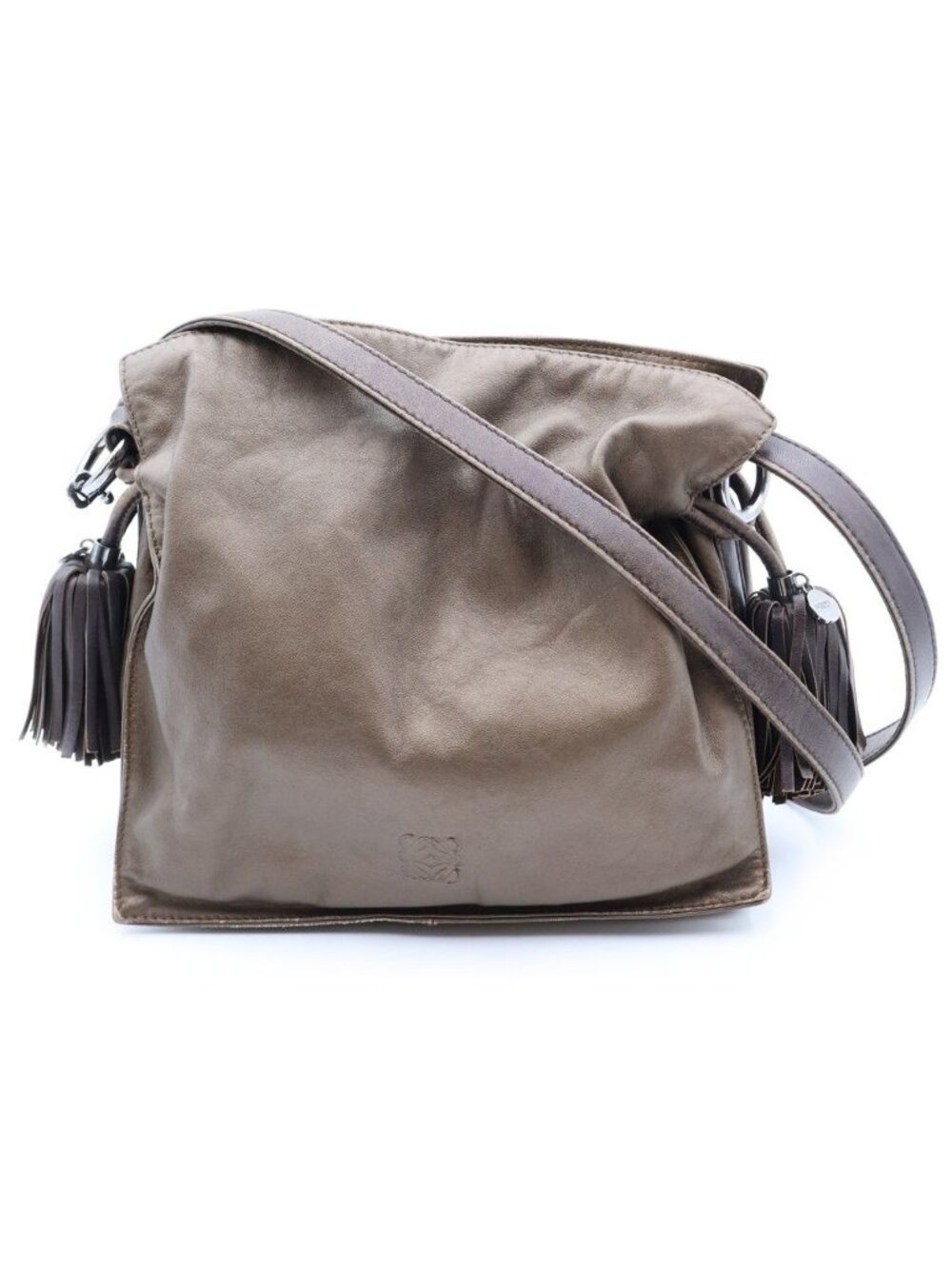Loewe Anagram Flamenco Fringe Shoulder Bag Brown Leather Silver
